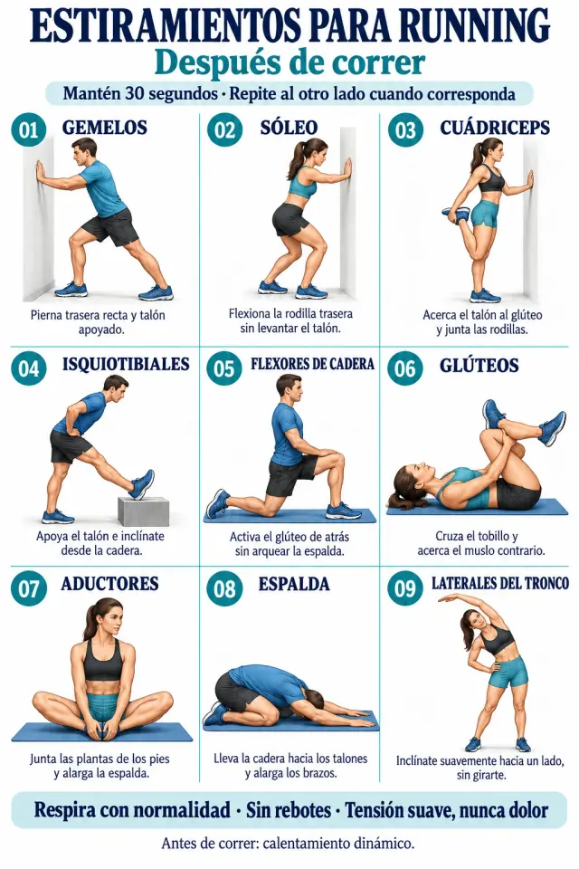 Infografía de nueve estiramientos para después de correr, de 30 segundos cada uno: gemelos, sóleo, cuádriceps, isquiotibiales, flexores de cadera, glúteos, aductores, espalda y laterales del tronco.