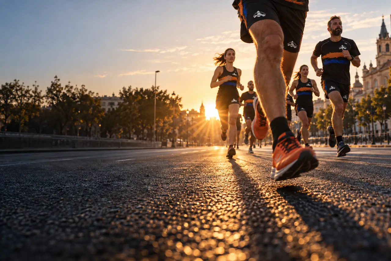 Corredores del club saliendo al amanecer por una avenida, vistos a ras de suelo