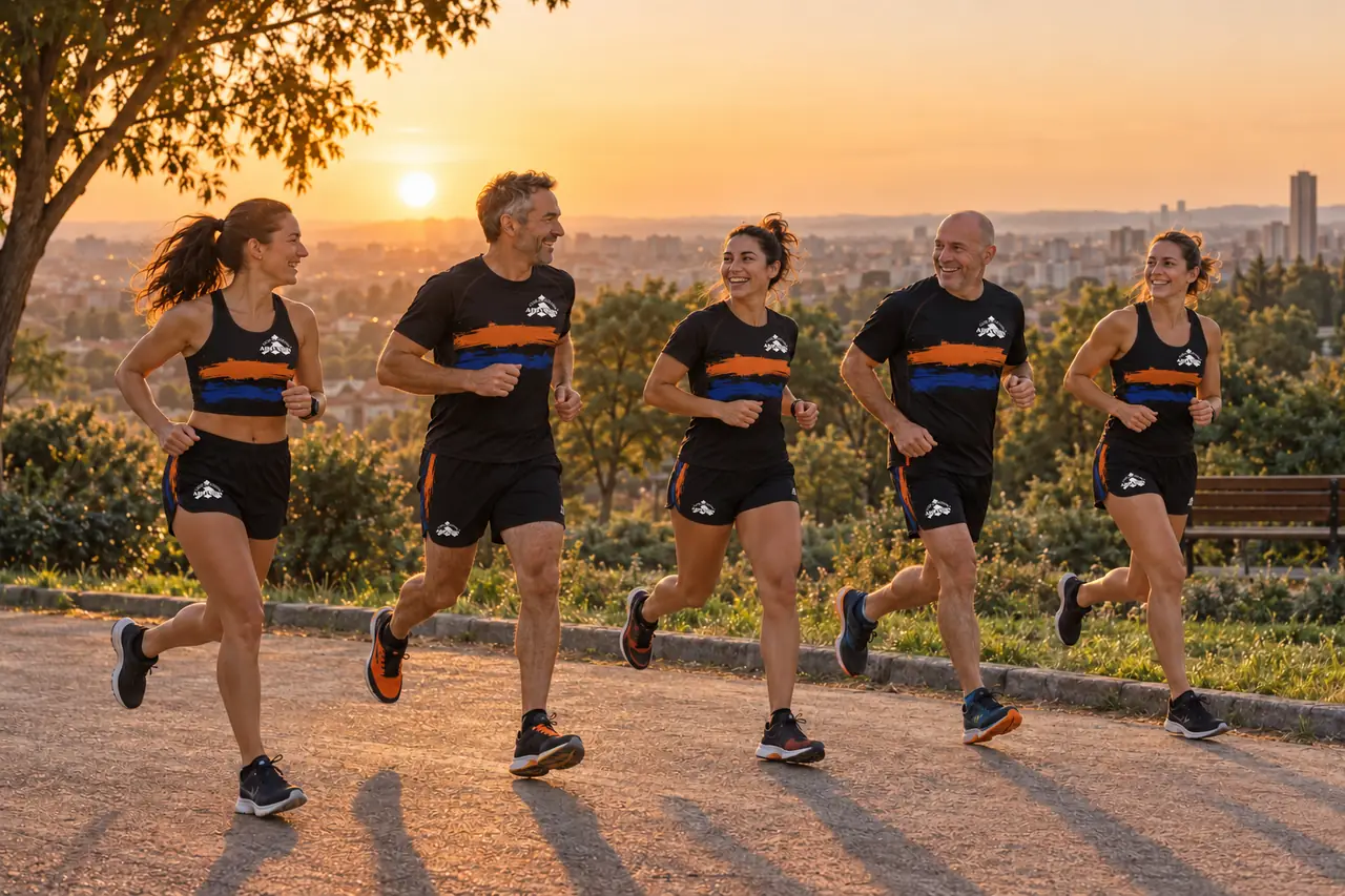 Un grupo de corredores del club, de distintas edades, entrenando juntos al amanecer en un parque